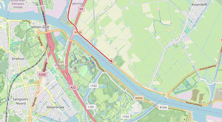 Kaart van de omgeving van de melding, met de kazerne die is gealarmeerd