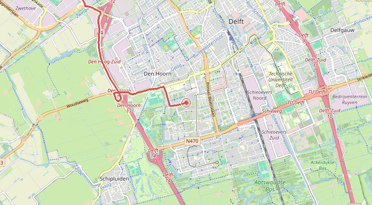 Kaart van de omgeving van de melding, met de kazerne die is gealarmeerd