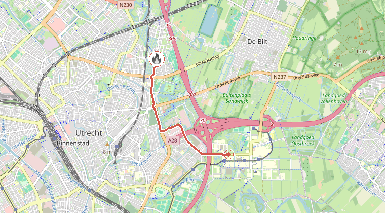 Kaart van de omgeving van de melding, met de kazerne die is gealarmeerd