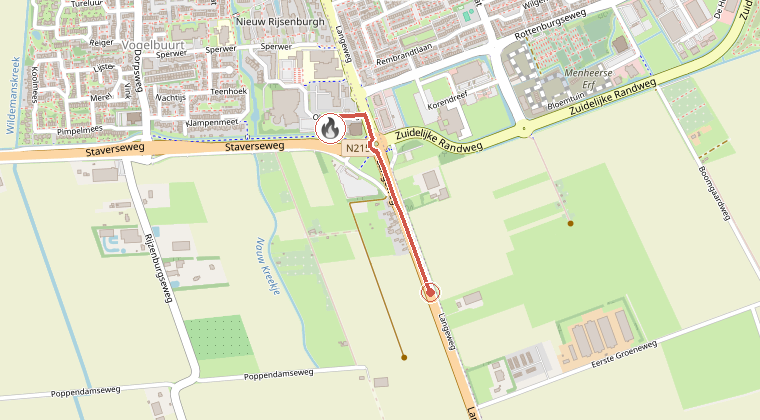 Kaart van de omgeving van de melding, met de kazerne die is gealarmeerd