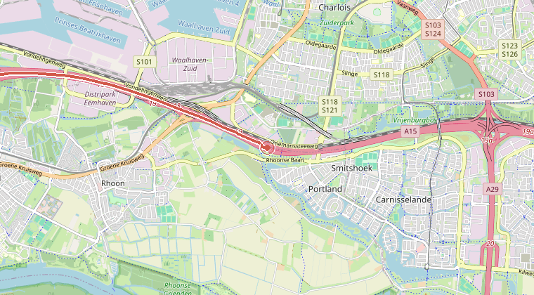 Kaart van de omgeving van de melding, met de kazerne die is gealarmeerd