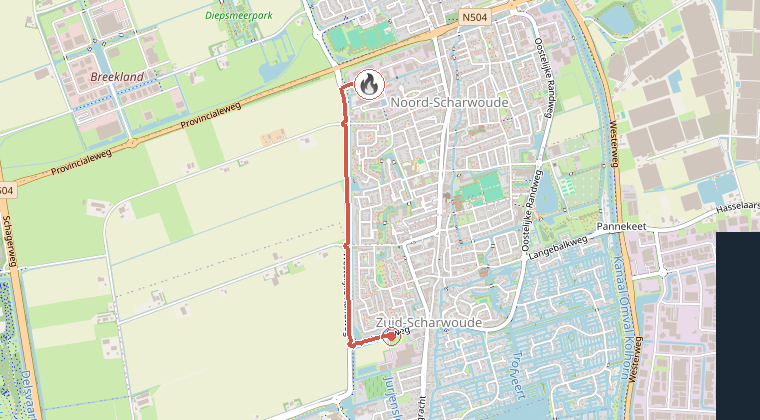 Kaart van de omgeving van de melding, met de kazerne die is gealarmeerd