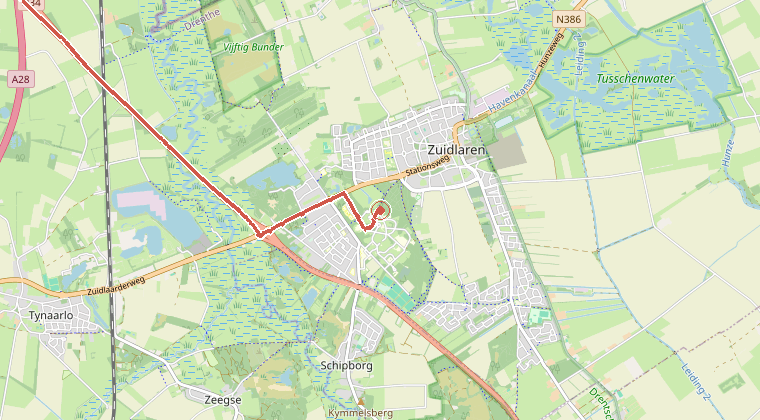 Kaart van de omgeving van de melding, met de kazerne die is gealarmeerd
