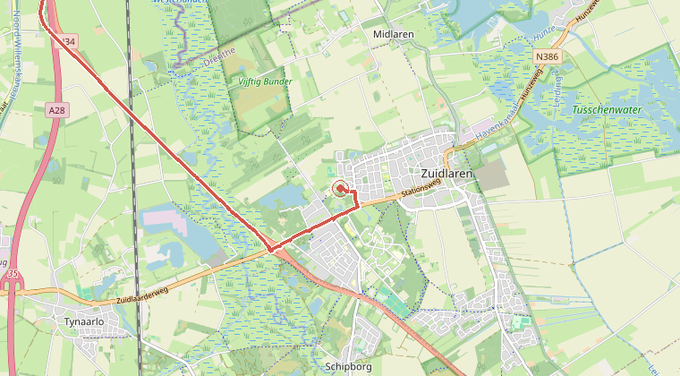 Kaart van de omgeving van de melding, met de kazerne die is gealarmeerd