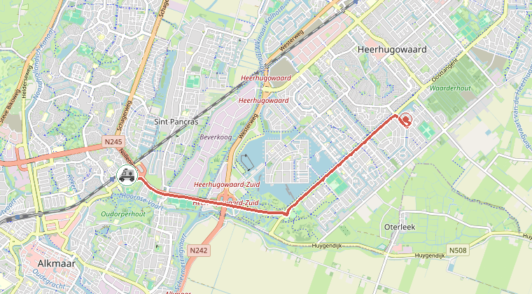 Kaart van de omgeving van de melding, met de kazerne die is gealarmeerd