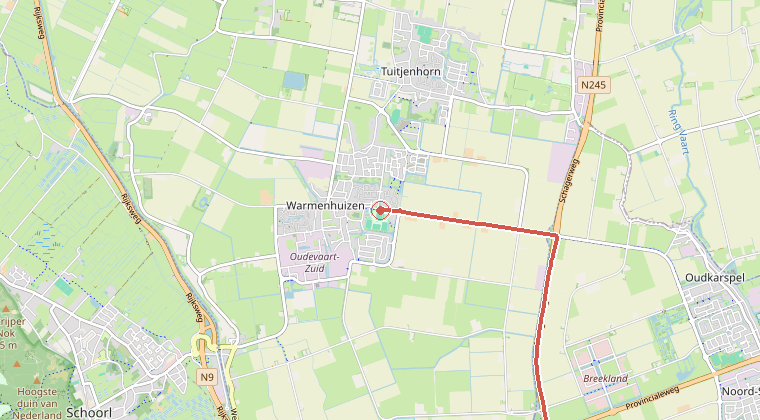 Kaart van de omgeving van de melding, met de kazerne die is gealarmeerd