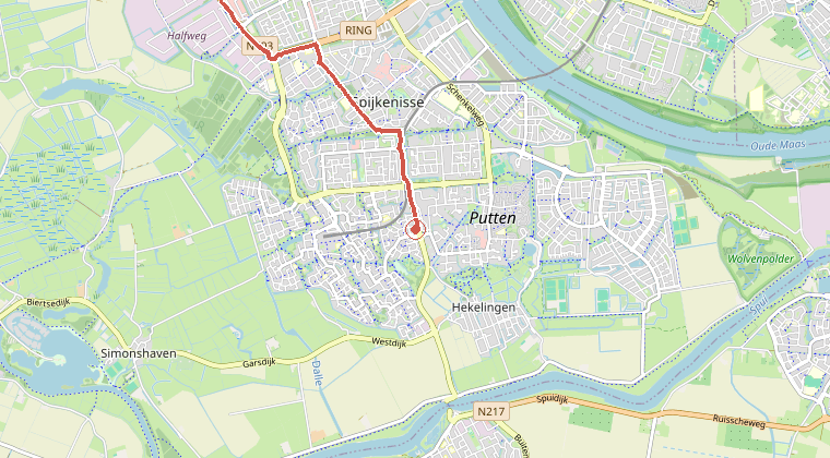 Kaart van de omgeving van de melding, met de kazerne die is gealarmeerd