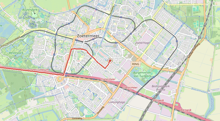 Kaart van de omgeving van de melding, met de kazerne die is gealarmeerd