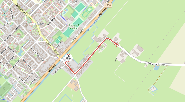 Kaart van de omgeving van de melding, met de kazerne die is gealarmeerd