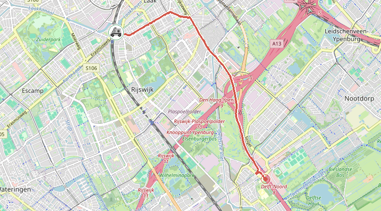 Kaart van de omgeving van de melding, met de kazerne die is gealarmeerd