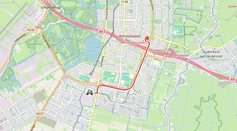 Kaart van de omgeving van de melding, met de kazerne die is gealarmeerd