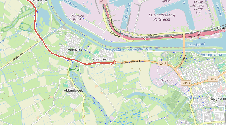 Kaart van de omgeving van de melding, met de kazerne die is gealarmeerd