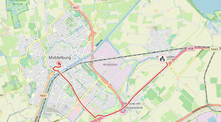 Kaart van de omgeving van de melding, met de kazerne die is gealarmeerd