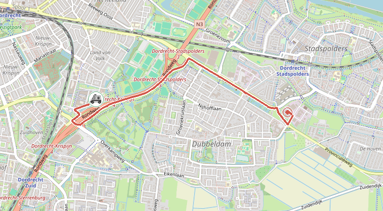 Kaart van de omgeving van de melding, met de kazerne die is gealarmeerd