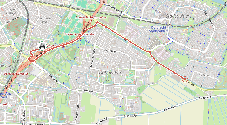 Kaart van de omgeving van de melding, met de kazerne die is gealarmeerd