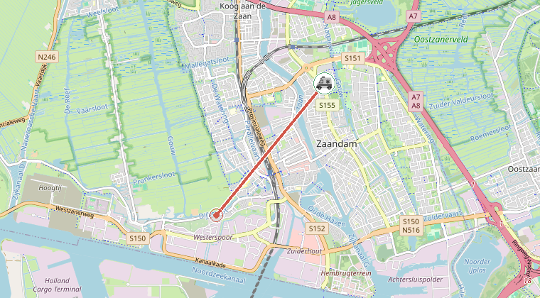 Kaart van de omgeving van de melding, met de kazerne die is gealarmeerd