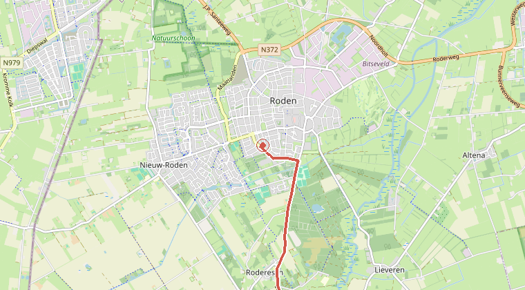 Kaart van de omgeving van de melding, met de kazerne die is gealarmeerd