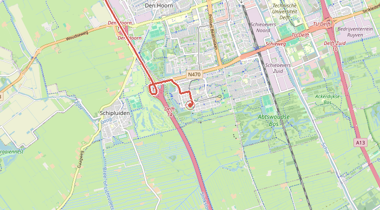 Kaart van de omgeving van de melding, met de kazerne die is gealarmeerd