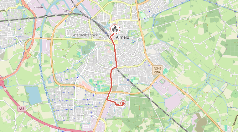 Kaart van de omgeving van de melding, met de kazerne die is gealarmeerd