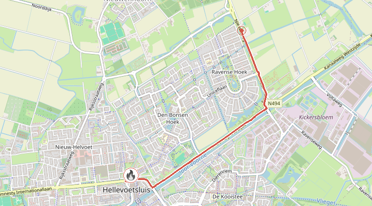 Kaart van de omgeving van de melding, met de kazerne die is gealarmeerd