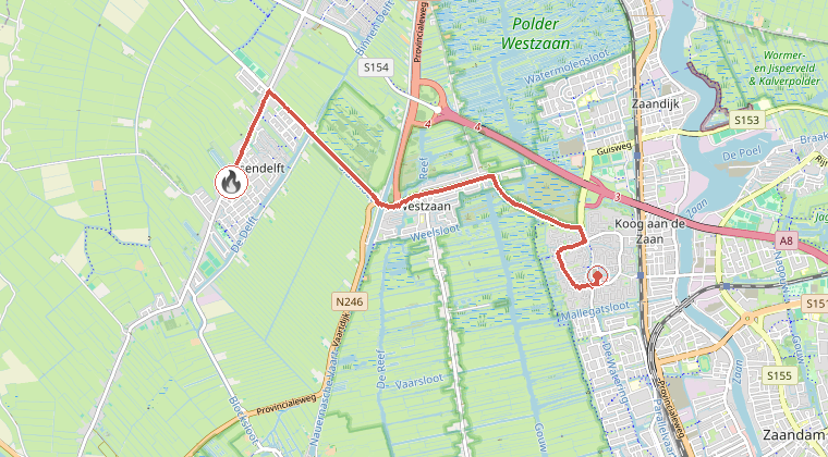 Kaart van de omgeving van de melding, met de kazerne die is gealarmeerd