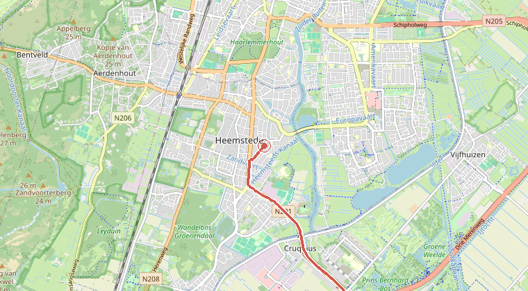 Kaart van de omgeving van de melding, met de kazerne die is gealarmeerd