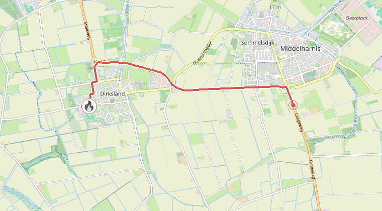 Kaart van de omgeving van de melding, met de kazerne die is gealarmeerd