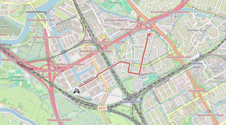 Kaart van de omgeving van de melding, met de kazerne die is gealarmeerd