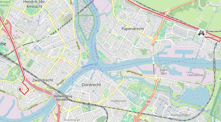Kaart van de omgeving van de melding, met de kazerne die is gealarmeerd