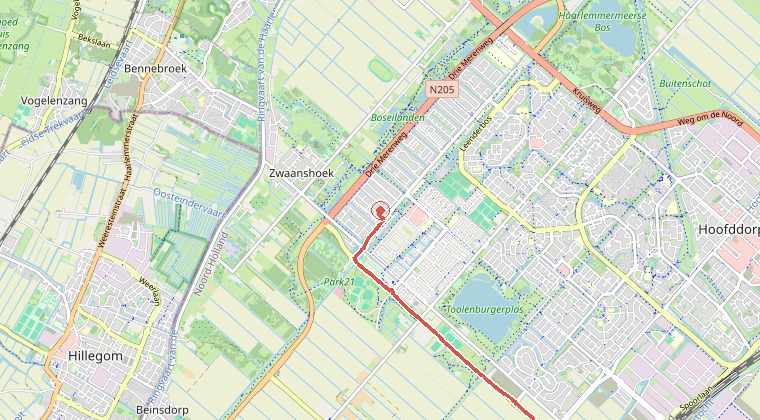 Kaart van de omgeving van de melding, met de kazerne die is gealarmeerd