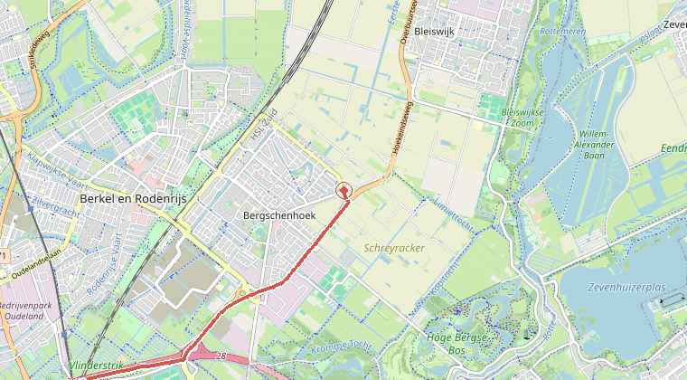 Kaart van de omgeving van de melding, met de kazerne die is gealarmeerd