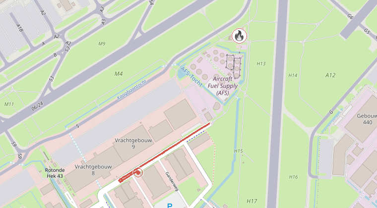 Kaart van de omgeving van de melding, met de kazerne die is gealarmeerd