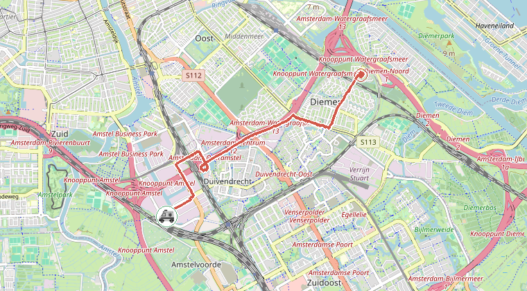 Kaart van de omgeving van de melding, met de kazerne die is gealarmeerd