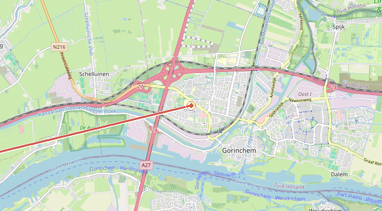 Kaart van de omgeving van de melding, met de kazerne die is gealarmeerd