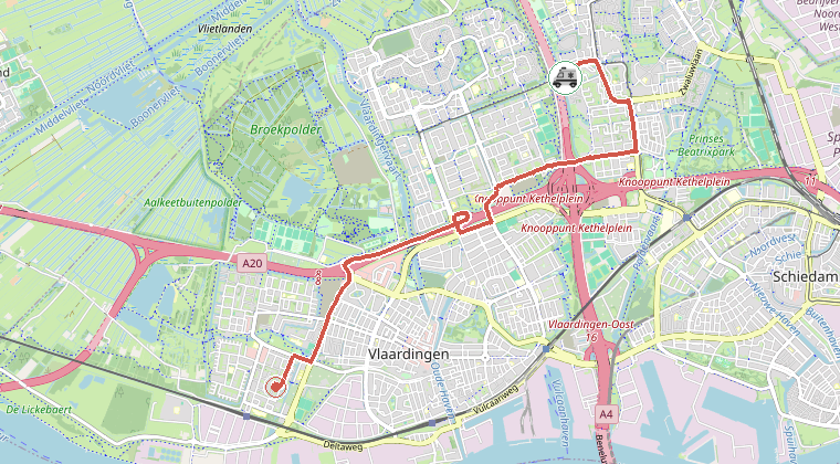 Kaart van de omgeving van de melding, met de kazerne die is gealarmeerd