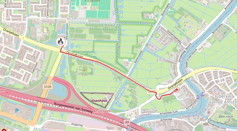Kaart van de omgeving van de melding, met de kazerne die is gealarmeerd