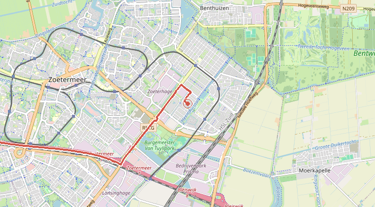 Kaart van de omgeving van de melding, met de kazerne die is gealarmeerd