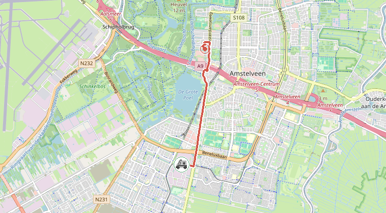 Kaart van de omgeving van de melding, met de kazerne die is gealarmeerd