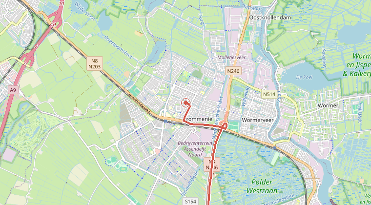 Kaart van de omgeving van de melding, met de kazerne die is gealarmeerd