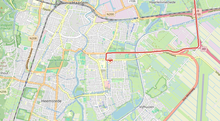 Kaart van de omgeving van de melding, met de kazerne die is gealarmeerd