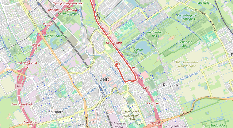 Kaart van de omgeving van de melding, met de kazerne die is gealarmeerd