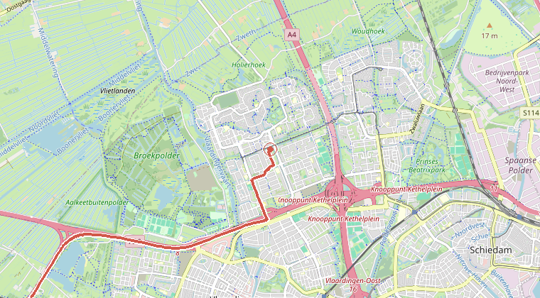 Kaart van de omgeving van de melding, met de kazerne die is gealarmeerd