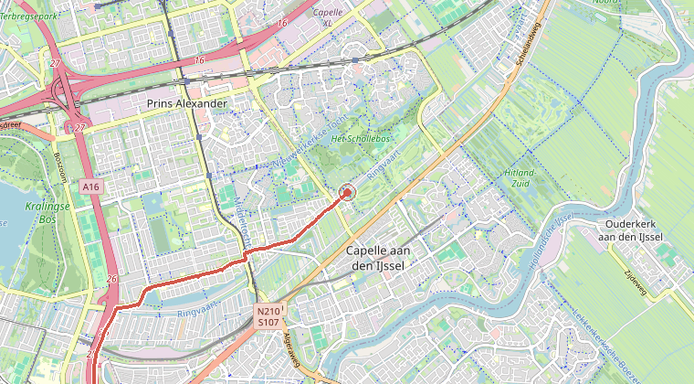 Kaart van de omgeving van de melding, met de kazerne die is gealarmeerd
