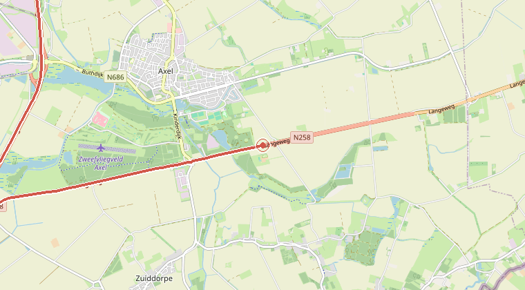 Kaart van de omgeving van de melding, met de kazerne die is gealarmeerd