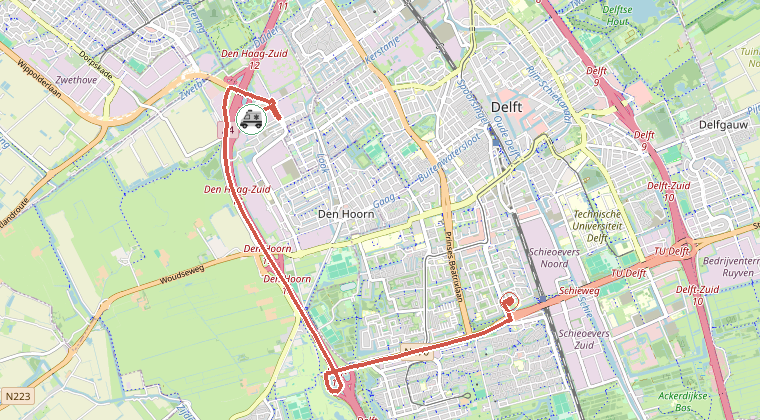 Kaart van de omgeving van de melding, met de kazerne die is gealarmeerd