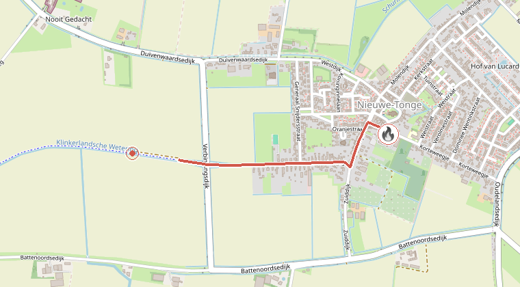Kaart van de omgeving van de melding, met de kazerne die is gealarmeerd