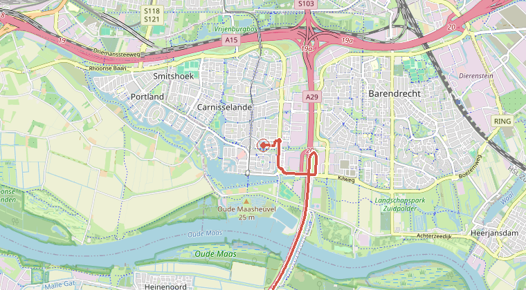 Kaart van de omgeving van de melding, met de kazerne die is gealarmeerd