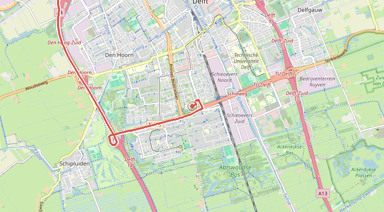 Kaart van de omgeving van de melding, met de kazerne die is gealarmeerd