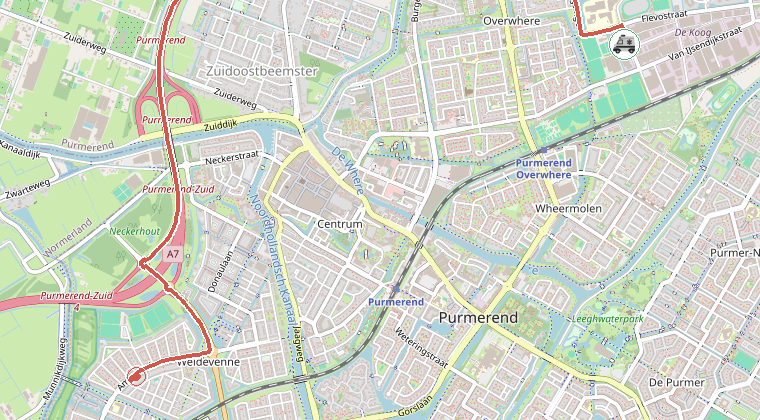 Kaart van de omgeving van de melding, met de kazerne die is gealarmeerd