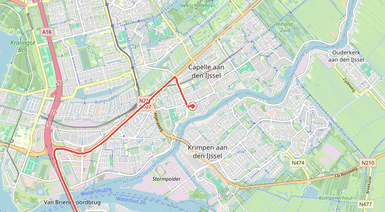 Kaart van de omgeving van de melding, met de kazerne die is gealarmeerd